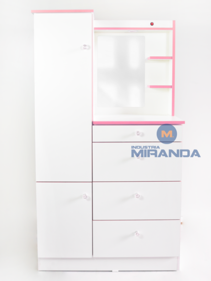 Cómoda con espejo 90 cm.- Blanco con rosado